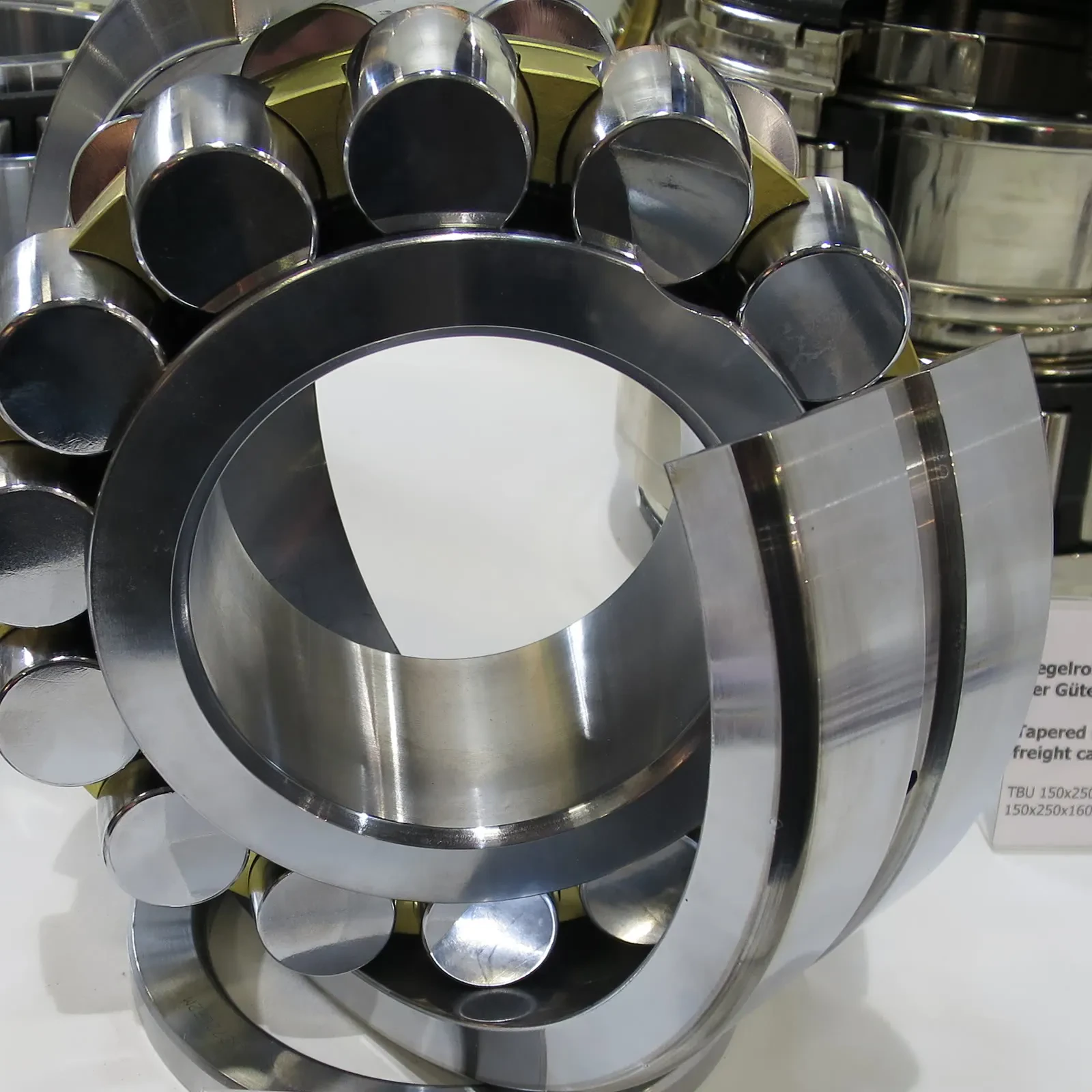 Spherical roller bearing opened up to show the barrel-shaped rollers